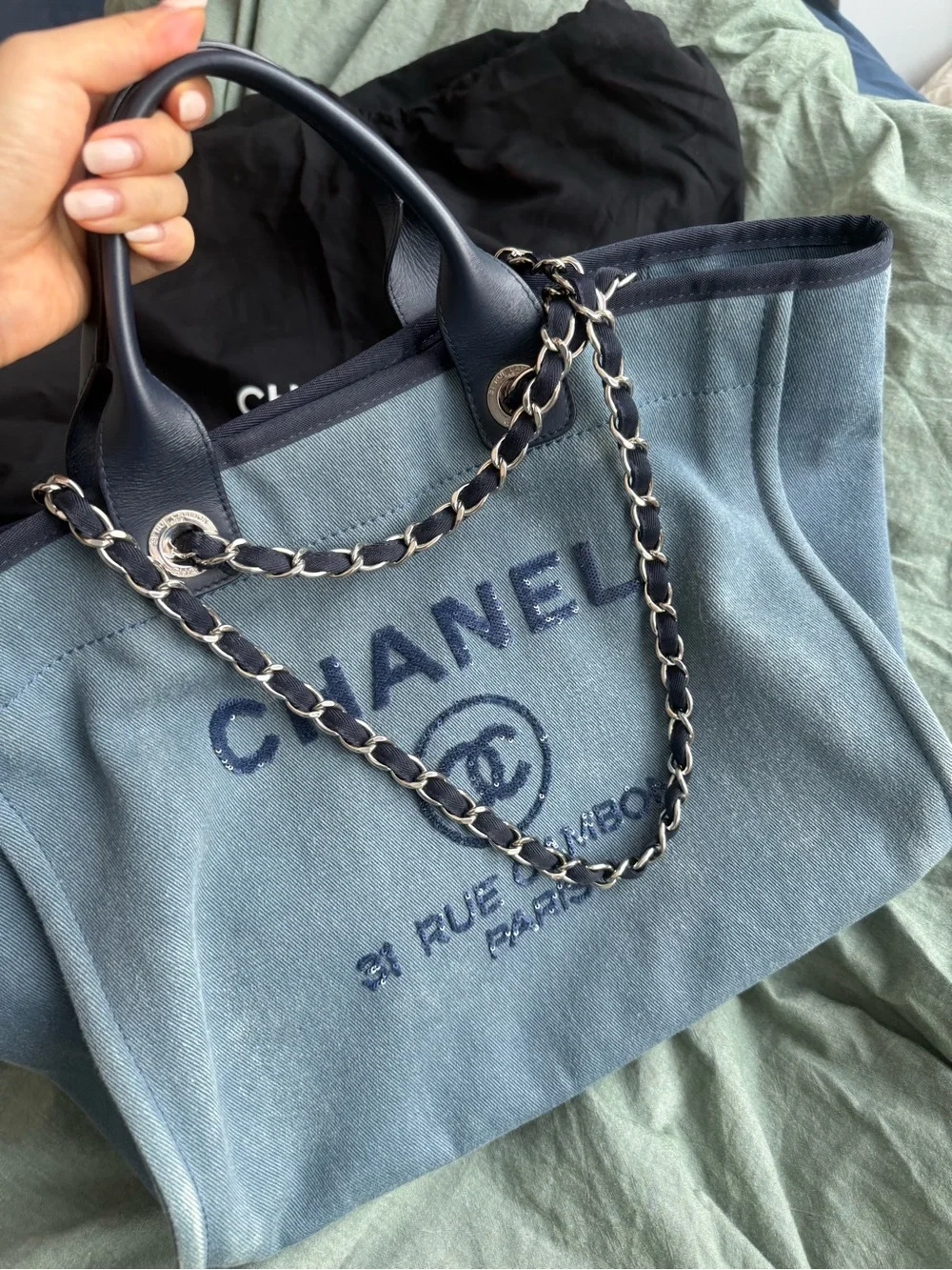 CHANEL Denim Blue Canvas Medium Deauville Sequins Tote